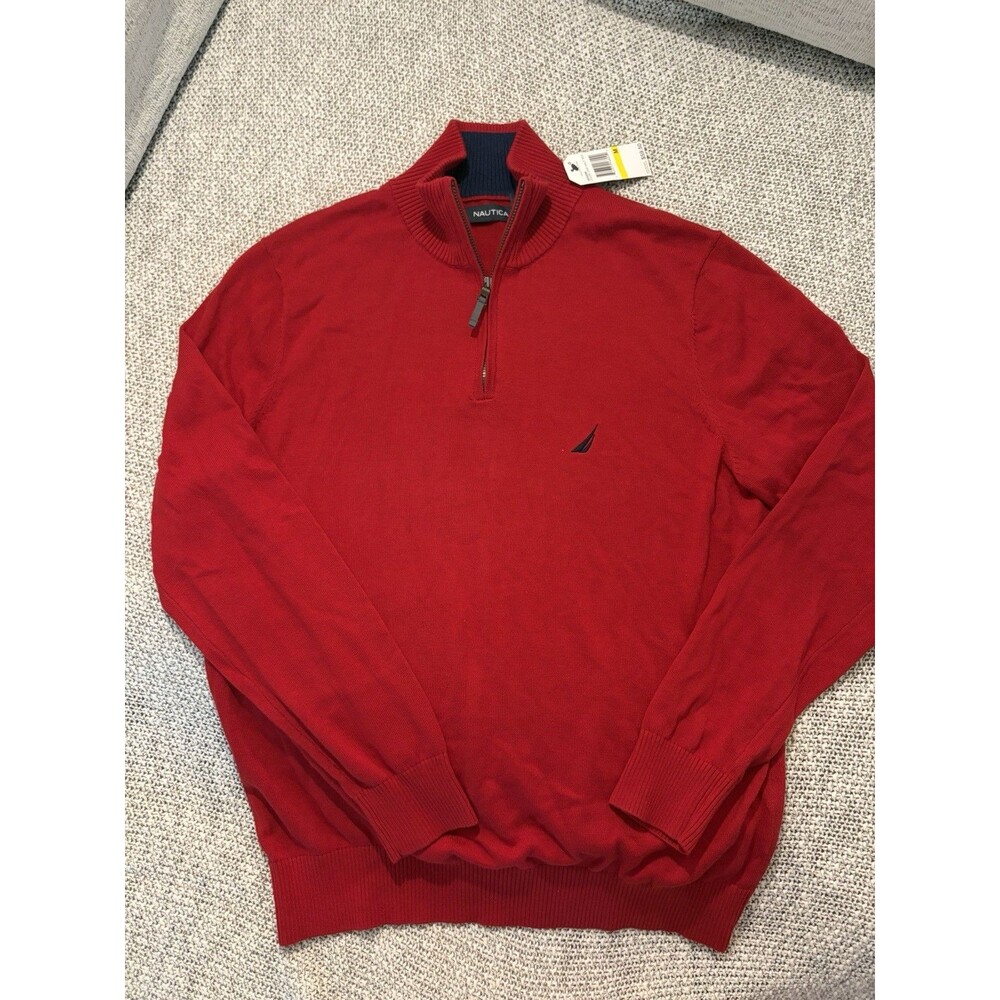 Nautica Mens Quarter Zip Pullover Sweater Naut Red Size Medium NWT Holiday Wear